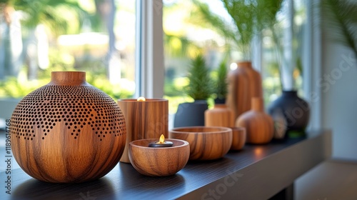 Unique wooden and stone bowls arranged on a modern surface in a stylish inter...