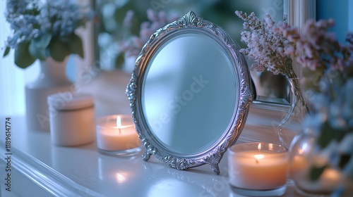 Candles and mirror creating a serene ambiance in a cozy indoor setting during...