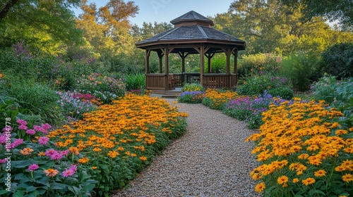 Vibrant flower garden with gazebo and winding pathway in a peaceful setting