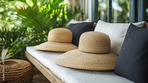 Stylish straw hats resting on a cozy seating area surrounded by lush greenery...