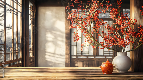 Elegant Korean New Year setting with flower vase, branch and red decorated jar on wooden table. Traditional festive celebration background with copy space photo