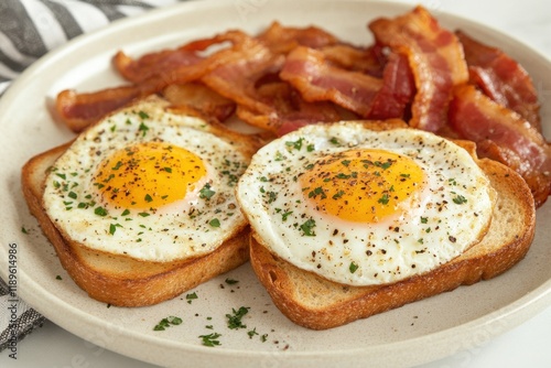 Sunny-side up eggs on toast with crispy bacon. A perfect breakfast! photo