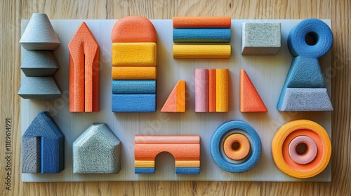 Vibrant geometric building blocks arranged on a wooden surface for creative p...