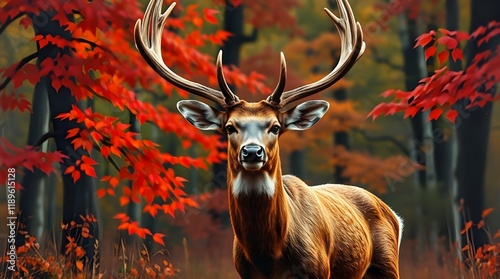 A cute, charming stag deer with lively and energetic features stands in a bright, vibrant fall forest, obscured by thick fog.  Low visibility photo