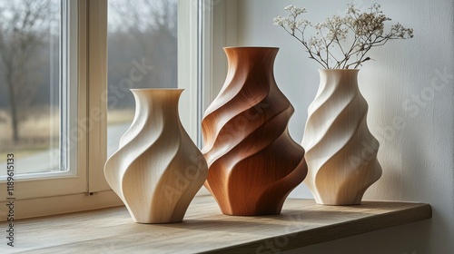 Elegant wooden vases showcasing minimalist design with decorative flowers pla...