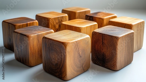 Various wooden geometric shapes arranged on a light surface in a creative dis...