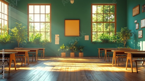 Bright and inviting classroom with wooden tables and greenery during sunny af...