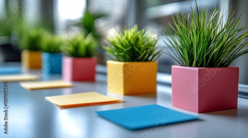Bright office workspace with colorful plants and sticky notes for creativity ...