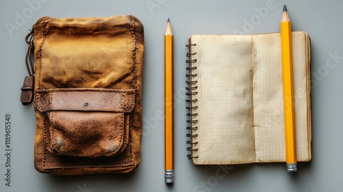 Leather pencil case with notepad and pencils arranged on a white surface