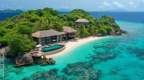 Luxurious beachfront villa on a tropical island under a clear blue sky