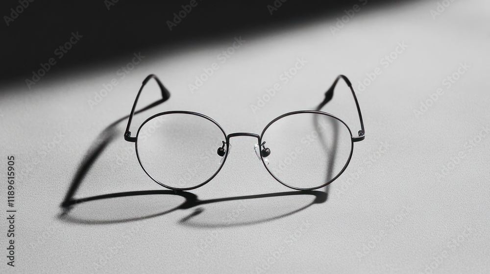 Round eyeglasses casting shadow on white surface. Round eyeglasses casting shadow on white surface.
