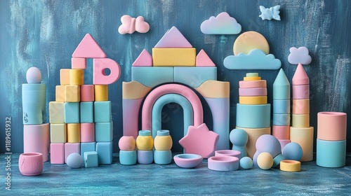 Colorful building blocks arranged creatively against a textured background in...
