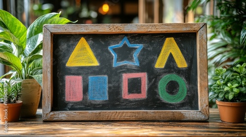 Colorful geometric shapes display in a rustic classroom setting with a wooden...