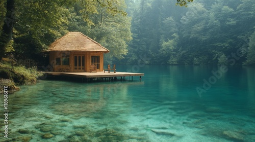 Serene log cabin on a tranquil lake surrounded by lush greenery in early morn...