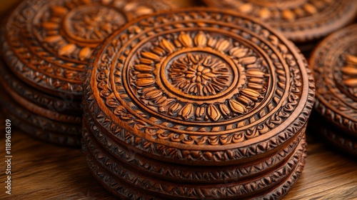 Beautifully crafted wooden coasters arranged on a wooden surface in a cozy se...