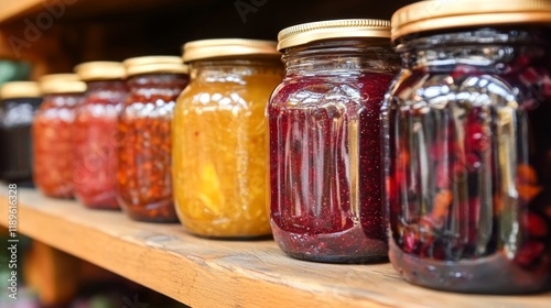Jars of colorful fruit preserves displayed on wooden board in natural setting...