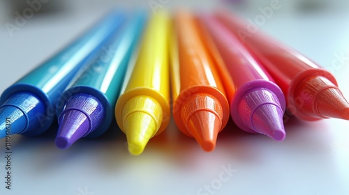 Brightly colored markers arranged in a neat row on a white surface