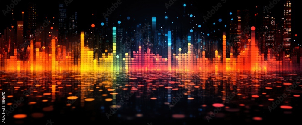 Colorful digital cityscape reflecting on water, illuminated at night. Colorful digital cityscape reflecting on water, illuminated at night.