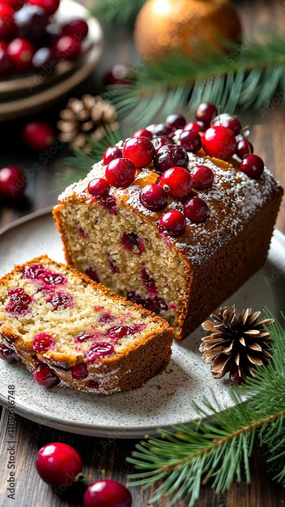 Holiday cranberry bread garnished with fresh berries served on a rustic wooden table during winter festivities Holiday cranberry bread garnished with fresh berries served on a rustic wooden table during winter festivities