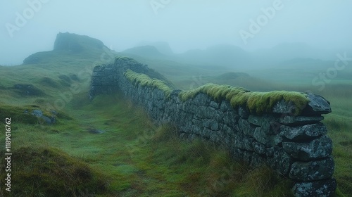 Moss-covered stone wall in a foggy landscape on a quiet morning