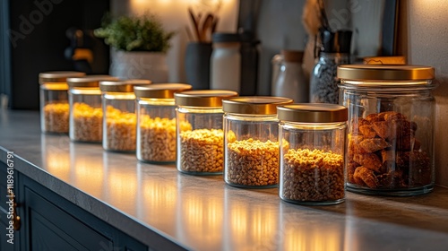 Stylish kitchen storage with glass jars filled with nuts and grains beside a ...