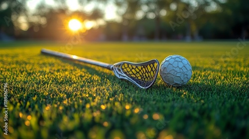Lacrosse ball and stick resting on dew-covered grass at sunset in a vibrant f...