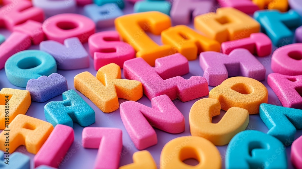 Colorful foam letters scattered on a purple surface for early childhood learning activities and games Colorful foam letters scattered on a purple surface for early childhood learning activities and games