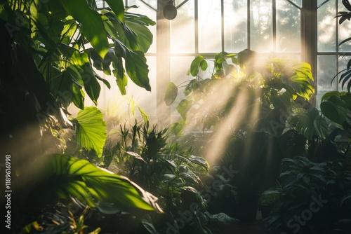 Sunbeams illuminate a lush greenhouse filled with tropical plants photo