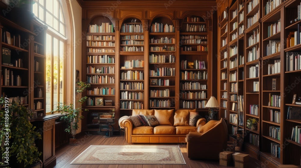 Cozy library with wooden shelves filled with books and comfortable seating for relaxation. Cozy library with wooden shelves filled with books and comfortable seating for relaxation.