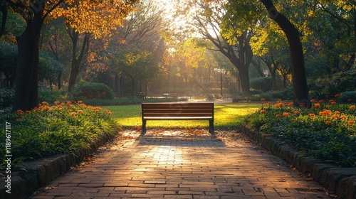Sunset glow illuminates a peaceful moment of reflection in a park filled with...