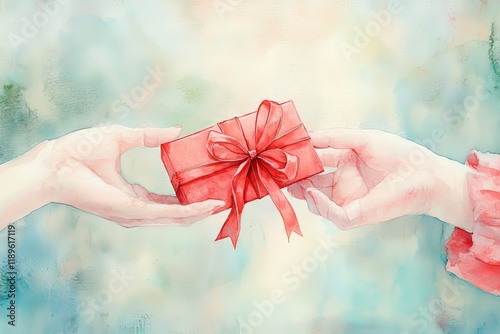 Couple's hands, red gift box, ribbon, soft romantic background, thoughtful Valentine’s Day gesture – relationships and gifting.