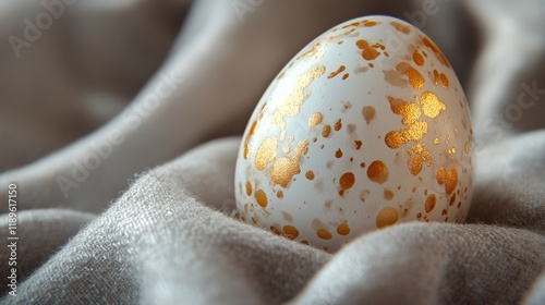 Decorative egg with golden specks resting on soft fabric in natural light
