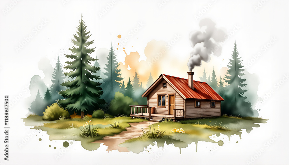 Fototapeta premium Cozy forest cabin with smoke in warm evening light, nature's embrace