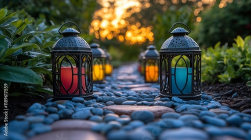 Beautiful outdoor lanterns illuminate garden pathway at twilight