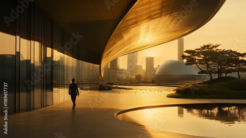 Elegant Korean professional walking in sunlight, modern architecture behind, city hustle