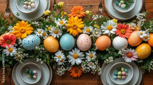 Brightly decorated Easter table setting with flowers and colorful eggs for fe...