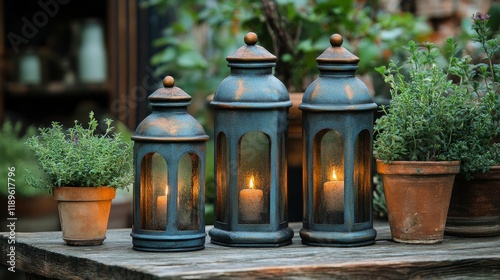 Green plants in decorative pots arranged on a wooden table in a garden during...