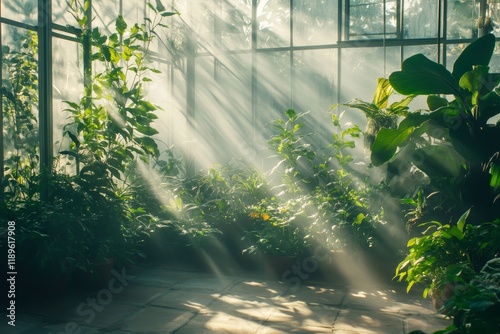 Sunbeams illuminate a lush, misty greenhouse filled with various potted plants photo