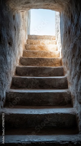Stairway leading to bright light in a dimly lit space at dusk