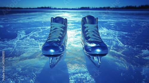 Ice skates rest on frozen lake with sunset lighting up the sky