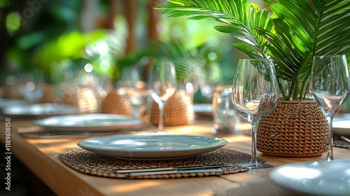 Beautiful dining table set with glassware and tropical leaves during sunset i...