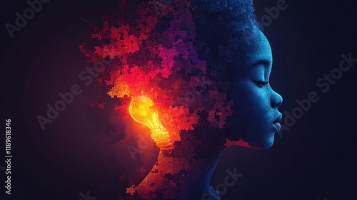 Colorful portrait of a child's profile with vibrant, abstract foliage growing from their head, resembling a lightbulb.