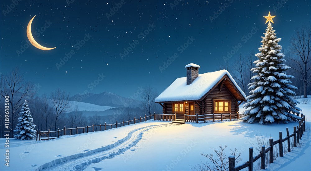 Naklejka premium Cozy Christmas Cabin Under the Crescent Moon. A magical winter wonderland scene with a snow-covered log cabin nestled amongst the trees.