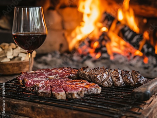 Grilling meat steaks with a glass of wine with a bonefire in the background.