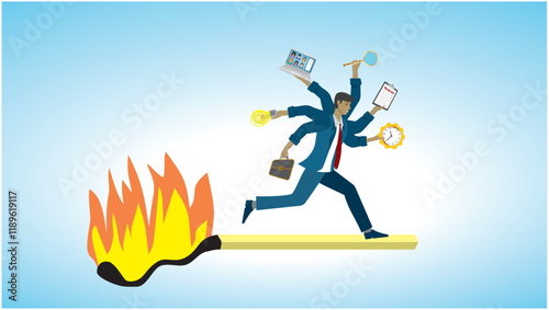 Man running fast on burning match trying to do everything. Dimension 16:9. Vector illustration.