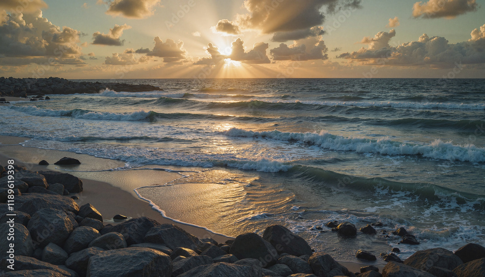Obraz premium Sunset over ocean waves with rocky shore