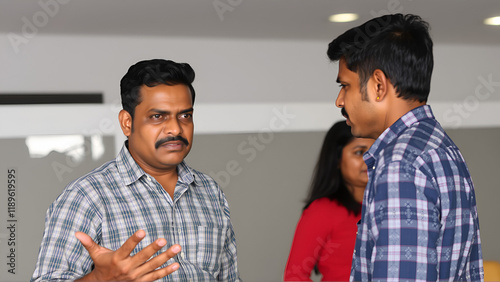 An aggressive Indian man with a displeased expression gestures emphatically during a conversation in a neutral setting photo