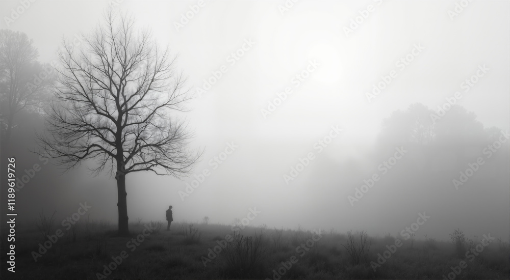 Solitary Figure in the Misty Morning. A lone person stands beneath a bare tree in a field enveloped by thick fog, creating a serene yet mysterious atmosphere