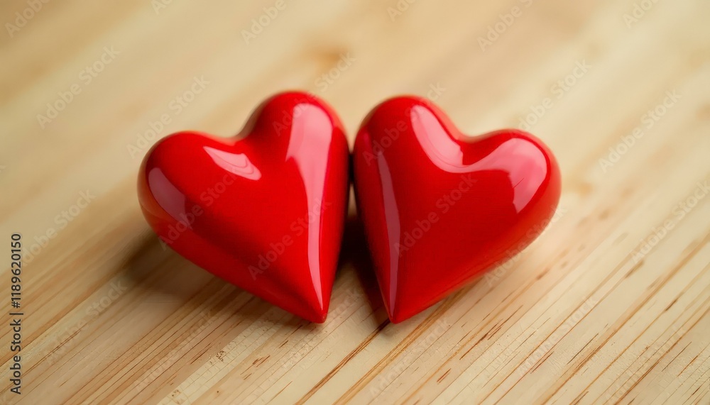 Fototapeta premium Two Red Heart Objects on Wood Surface, Love Concept