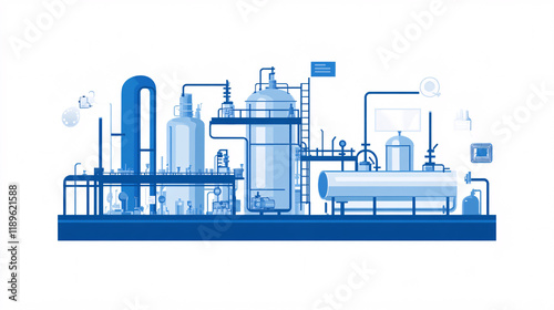 Detailed depiction of a chemical processing plant with continuous stirred-tank reactors (CSTRs) in operation, showcasing intricate industrial pipelines and advanced engineering photo